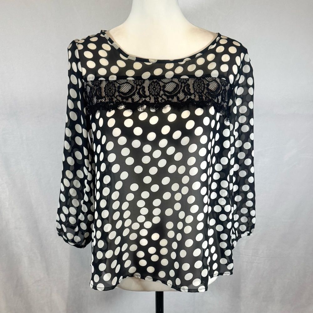Monteau black and white polka dot top with lace detail size medium